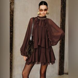 Commense Two Piece Ruffle Tiered Mini Dress in Deep Brown
